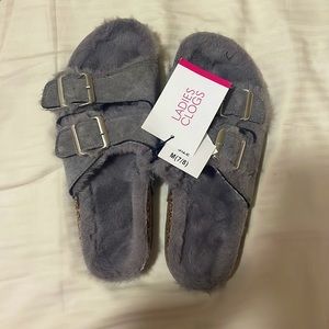 Ladies Fur Double Buckle Grey Sandals